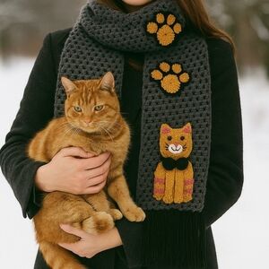 Handmade Gray Scarf with Cat and Paw Designs